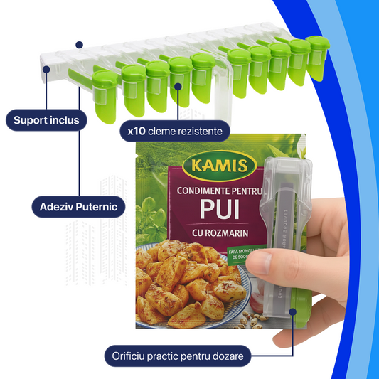 Raft Organizator Bucătărie - 10X Cleme + Suport Autoadeziv
