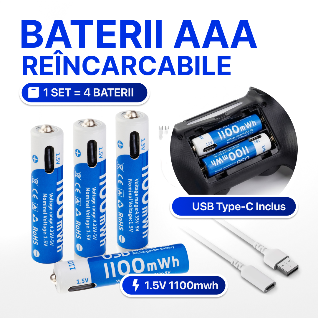 🔋 Set 4 Baterii Reîncărcabile AAA – Cablu USB Type-C Inclus