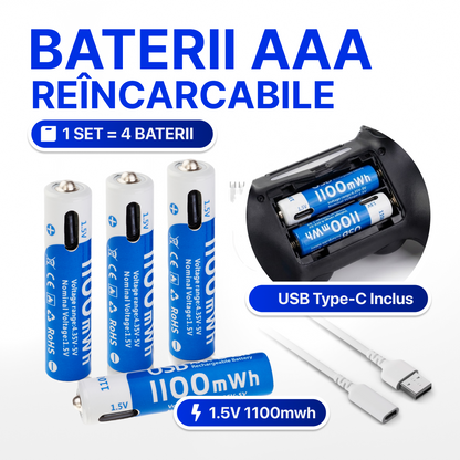 🔋 Set 4 Baterii Reîncărcabile AAA – Cablu USB Type-C Inclus