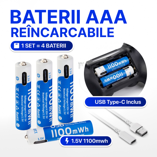 🔋 Set 4 Baterii Reîncărcabile AAA – Cablu USB Type-C Inclus