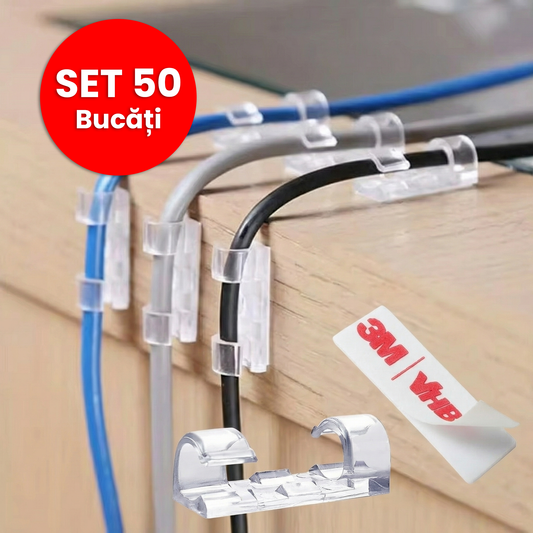 Set 50 Suporturi Autoadezive Transparente pentru Organizarea Cablurilor