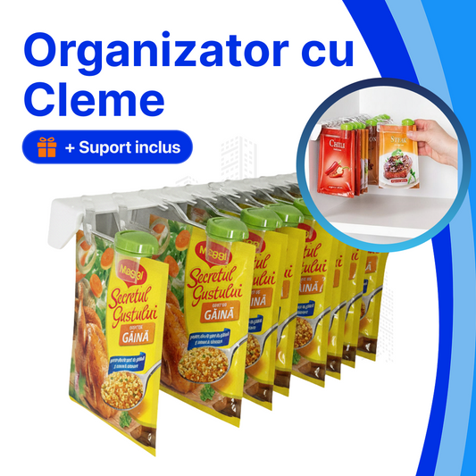 Raft Organizator Bucătărie - 10X Cleme + Suport Autoadeziv