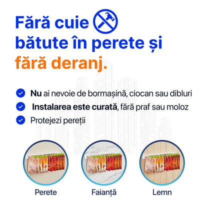 Raft Organizator Bucătărie - 10X Cleme + Suport Autoadeziv